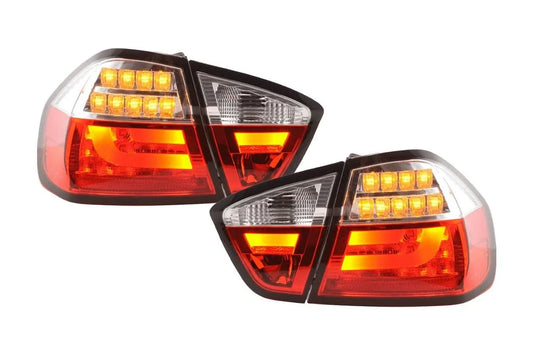 BMW 3-Series E90 sedan tail lights with red and clear LED bar design by K2 Industries, for 2005-2008 models.