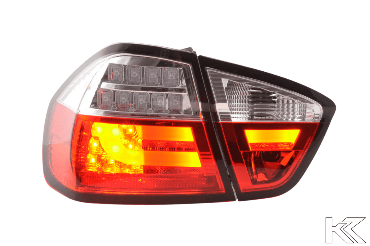 BMW 3-Series E90 sedan tail lights with red and clear LED bar design by K2 Industries for 2005-2008 models.