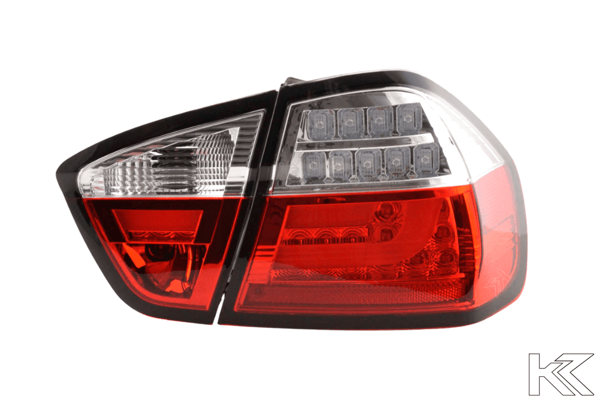 BMW 3-Series E90 sedan tail lights by K2 Industries, red and clear LED bar taillights for 2005-2008 models.