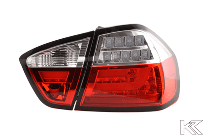 BMW 3-Series E90 sedan tail lights by K2 Industries, red and clear LED bar taillights for 2005-2008 models.