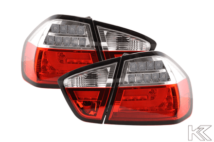 BMW 3-Series E90 sedan red and clear LED bar taillights, 2005-2008, by K2 Industries, showing the rear view with LED lighting design.