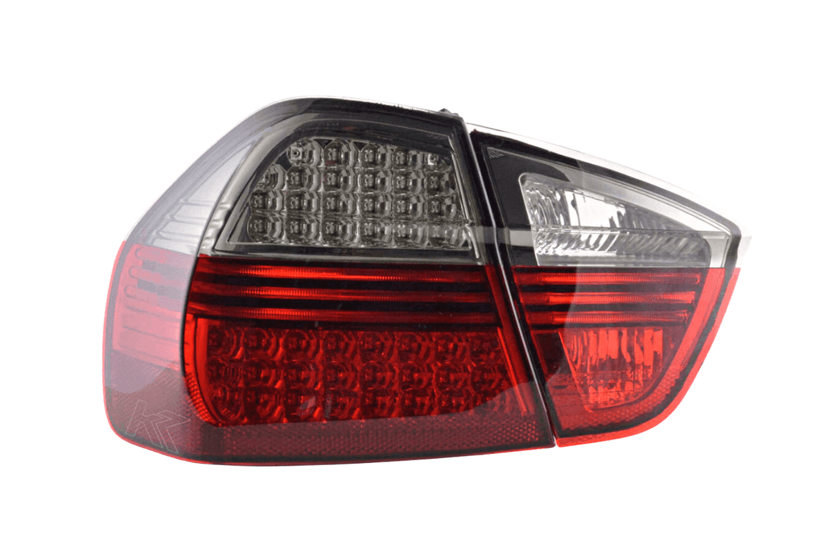 BMW 3-series E90 Sedan Euro LED taillights set in red and smoke for 2005-2008, by K2 Industries, showing tail light design.