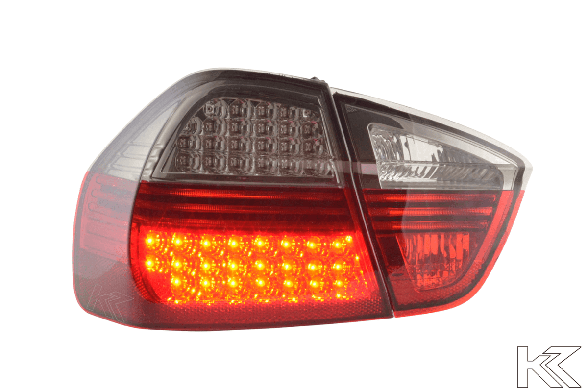BMW 3-series E90 sedan red and smoke Euro LED tail lights set by K2 Industries, designed for 2005-2008 models.