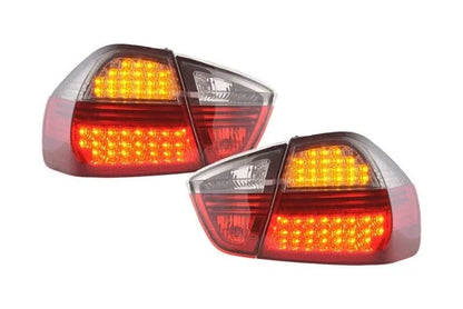 BMW 3-series E90 sedan red and smoke Euro LED taillights set by K2 Industries, compatible with 2005-2008 models, showing the tail light design.