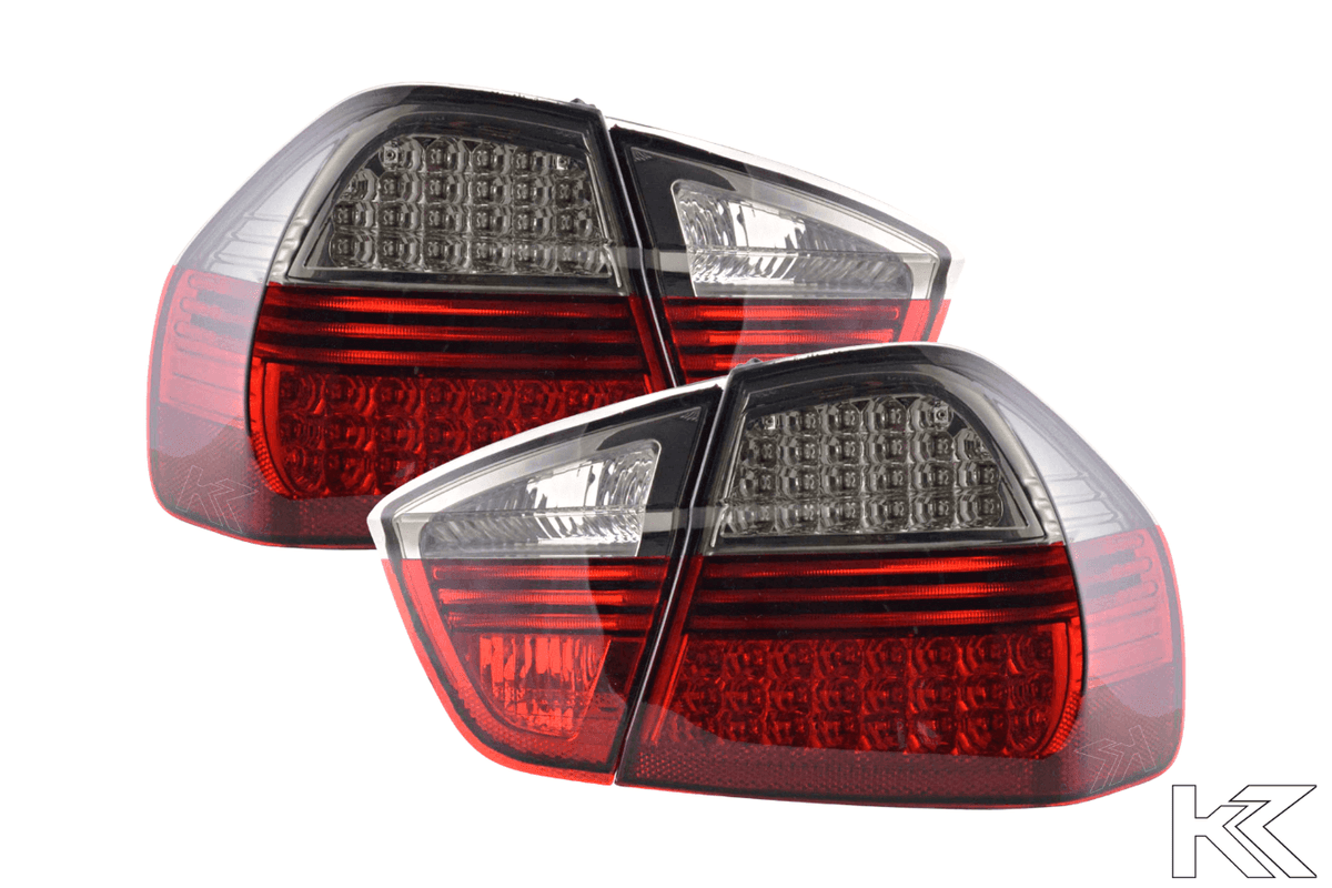 BMW 3-series E90 sedan red and smoke Euro LED tail lights set by K2 Industries, for 2005-2008 model years.