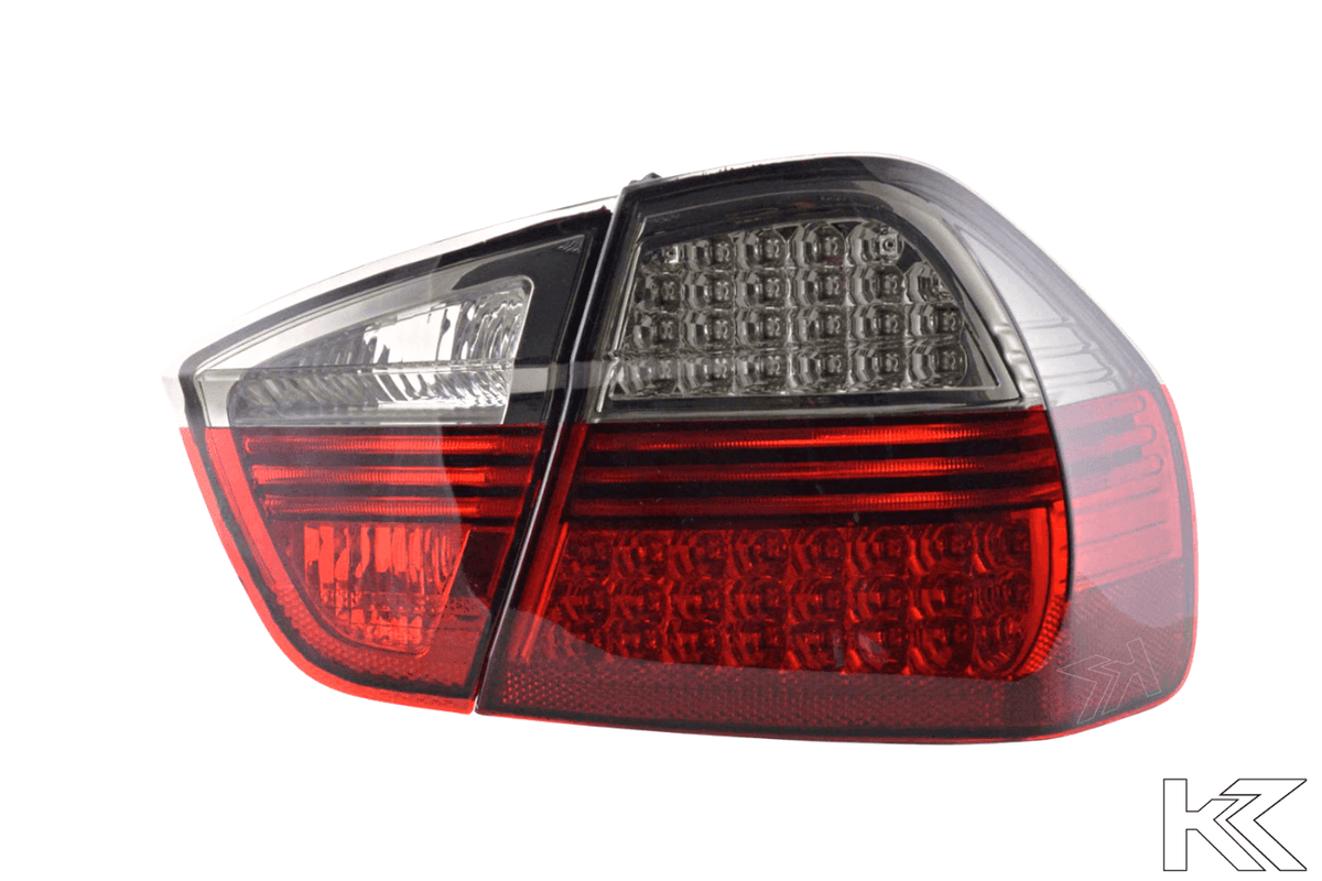 BMW 3 Series E90 sedan red and smoke Euro LED tail lights set by K2 Industries, for 2005-2008 models, showing close-up details.