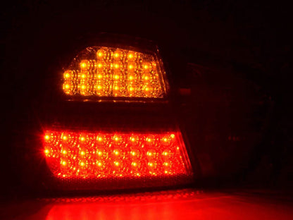 BMW 3-series E90 sedan red and smoke Euro LED taillights set by K2 Industries, for 2005-2008 models, with clear lens and LED design.