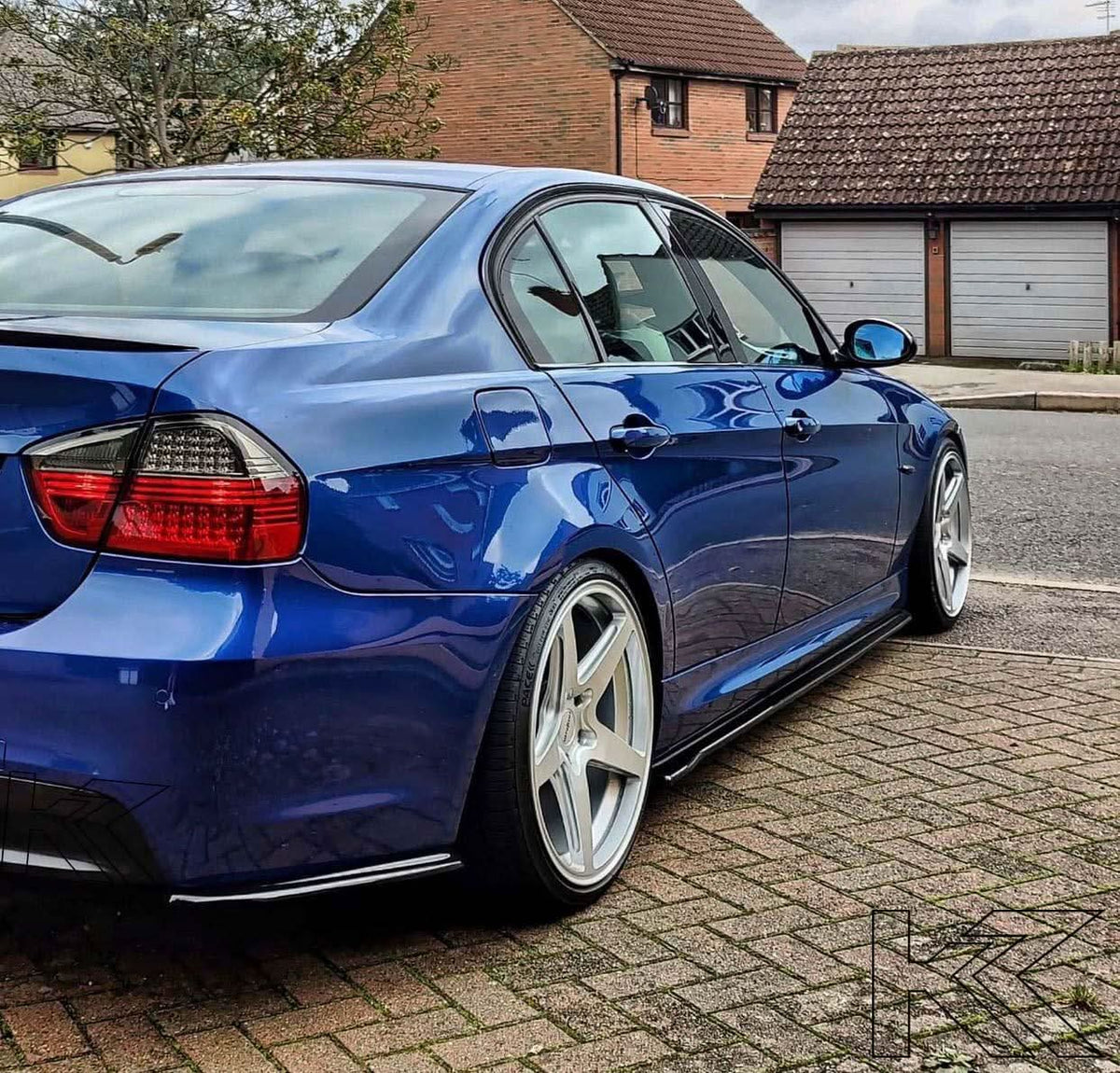 BMW 3-series E90 sedan red and smoke Euro LED taillights set by K2 Industries, compatible with 2005-2008 models.