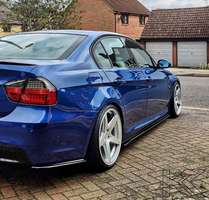 BMW 3-series E90 sedan red and smoke Euro LED taillights set by K2 Industries, compatible with 2005-2008 models.