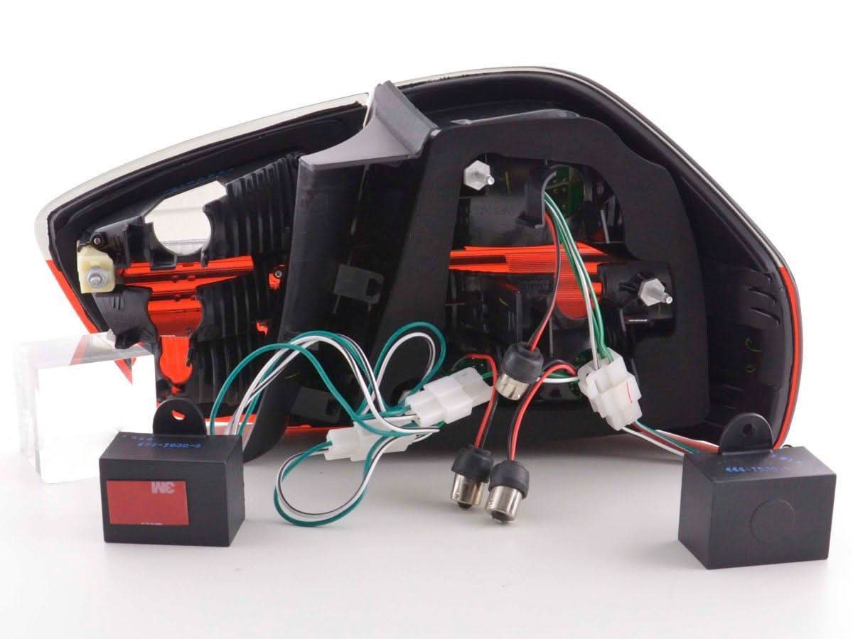 BMW 3-series E90 sedan red and smoke Euro LED taillights set by K2 Industries, designed for 2005-2008 models.