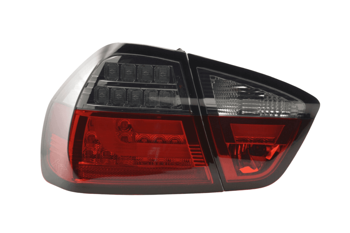 BMW 3-Series E90 sedan red smoked LED bar tail lights by K2 Industries, for models 2005-2008.