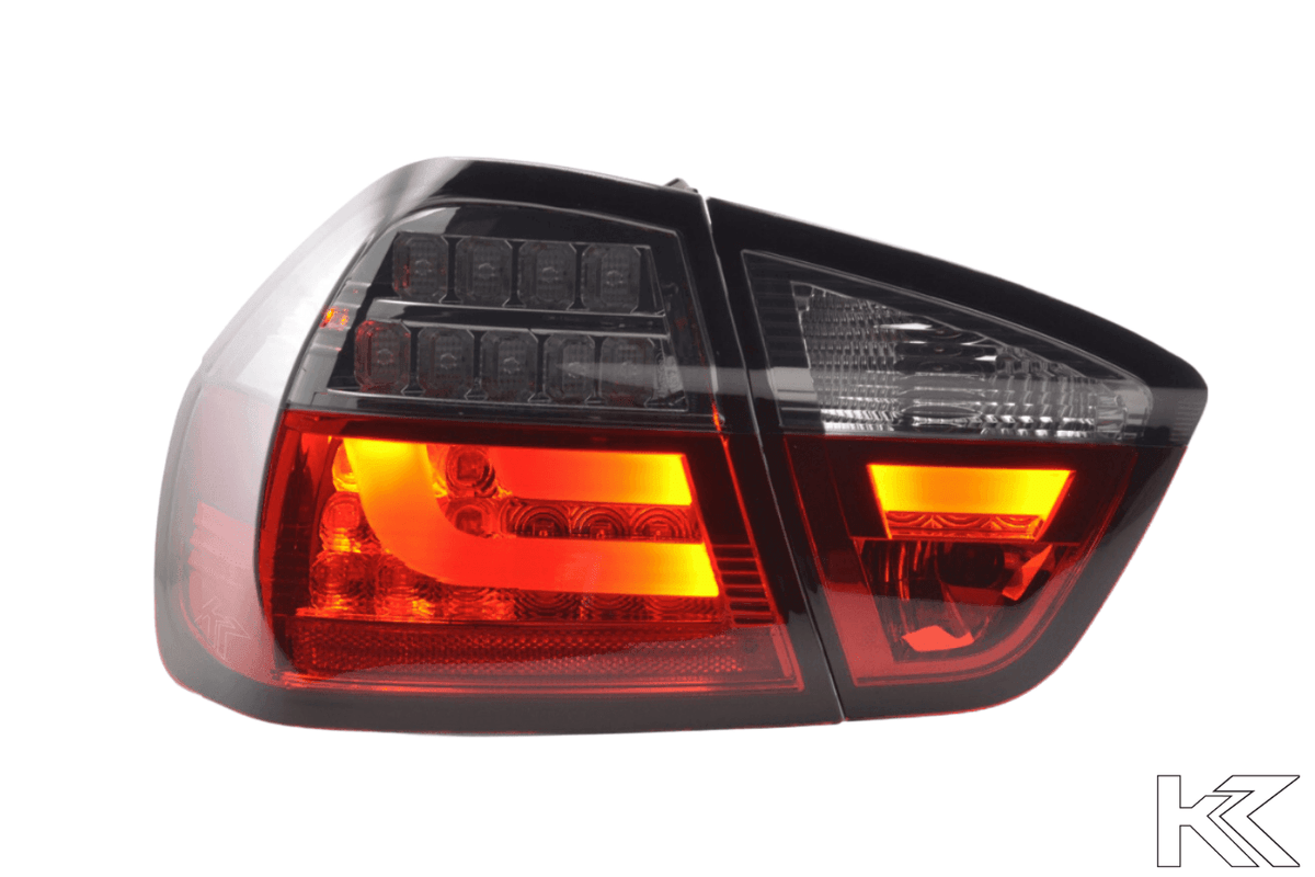 BMW 3-Series E90 sedan red smoked LED bar taillights by K2 Industries, 2005-2008, showing sleek tail light design