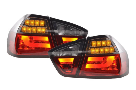 BMW 3-Series E90 sedan tail lights with red smoked LED bar, designed for 2005-2008 models by K2 Industries.
