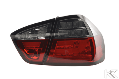 Red smoked LED bar taillights for BMW 3-Series E90 sedan, 2005-2008, by K2 Industries, showing the sleek rear lighting design.