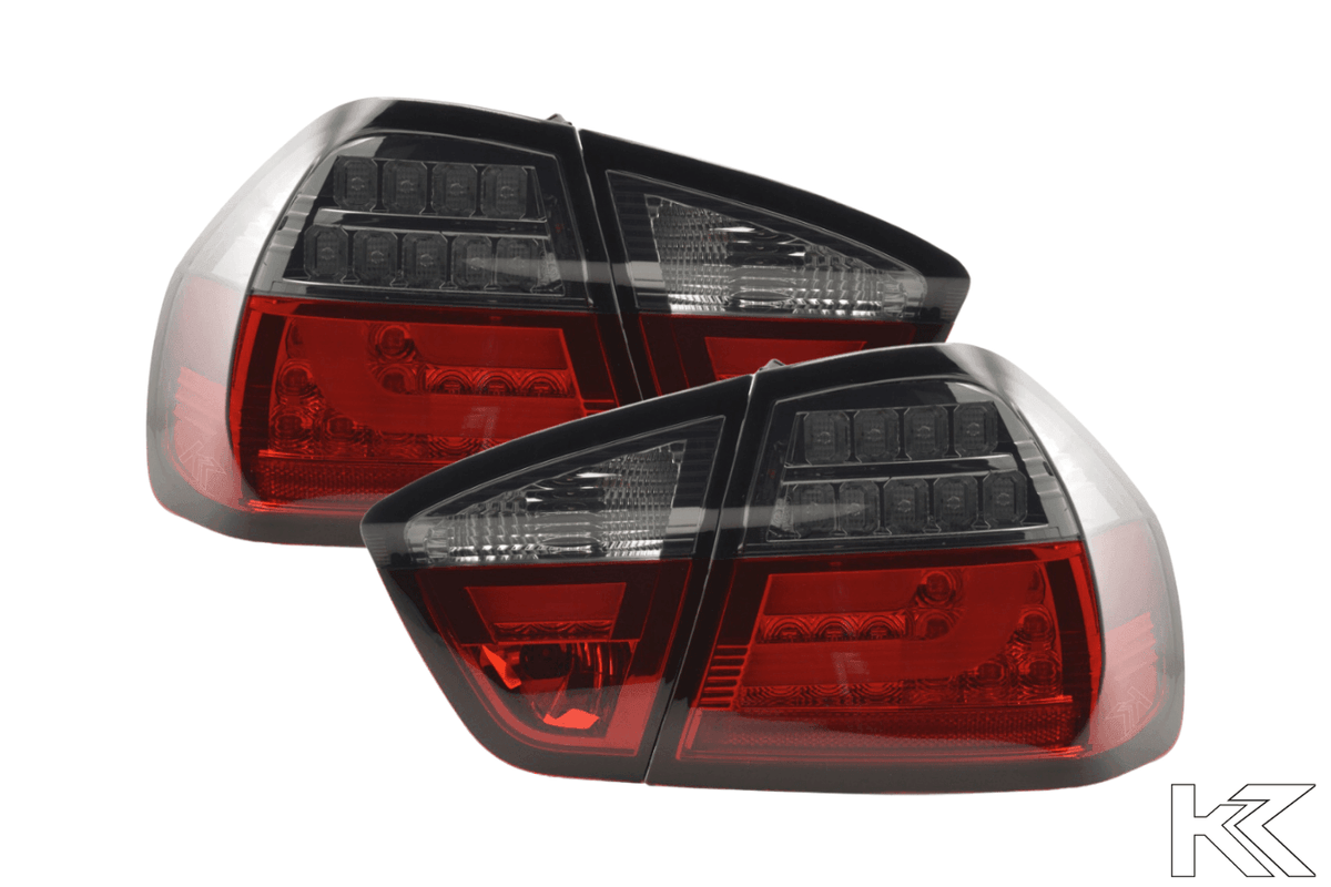 BMW 3-Series E90 sedan tail lights with red smoked LED bar by K2 Industries, for 2005-2008 model.