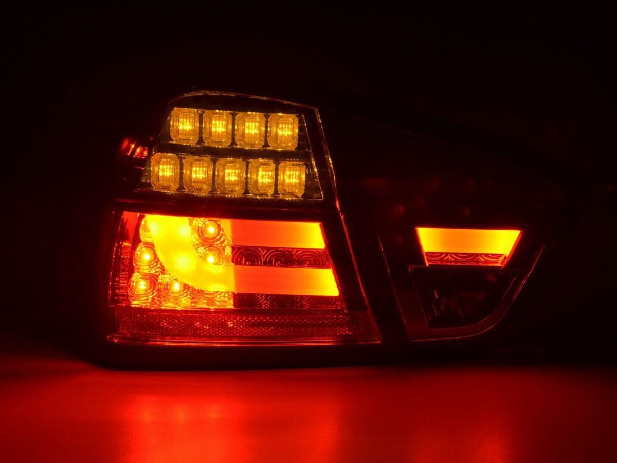 BMW 3-Series E90 sedan red smoked LED bar tail lights by K2 Industries, 2005-2008, showing sleek taillight design.