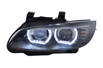 BMW 3-Series E92/E93 black headlights for 2006-2010 models by K2 Industries, compatible with AFS and non-AFS versions