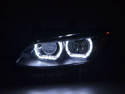 BMW 3-Series E92/E93 black headlights for 2006-2010, compatible with AFS or Non-AFS models, by K2 Industries.