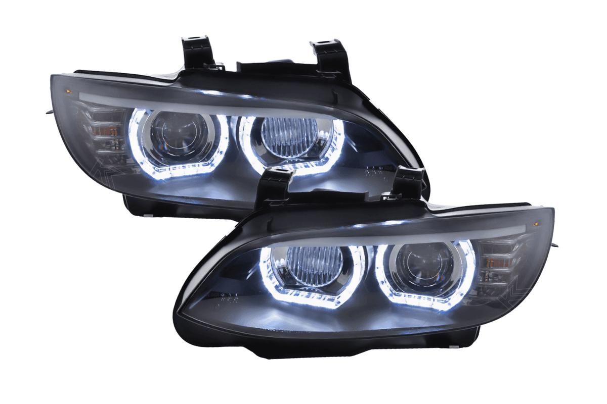 BMW 3-Series E92 E93 black headlights for 2006-2010, suitable for AFS or non-AFS models, by K2 Industries.
