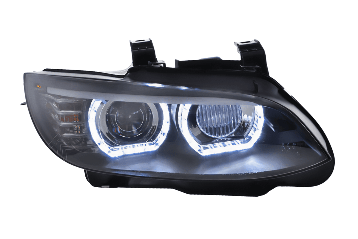 BMW 3-Series E92/E93 black headlights for 2006-2010 models by K2 Industries, suitable for AFS or non-AFS headlights.