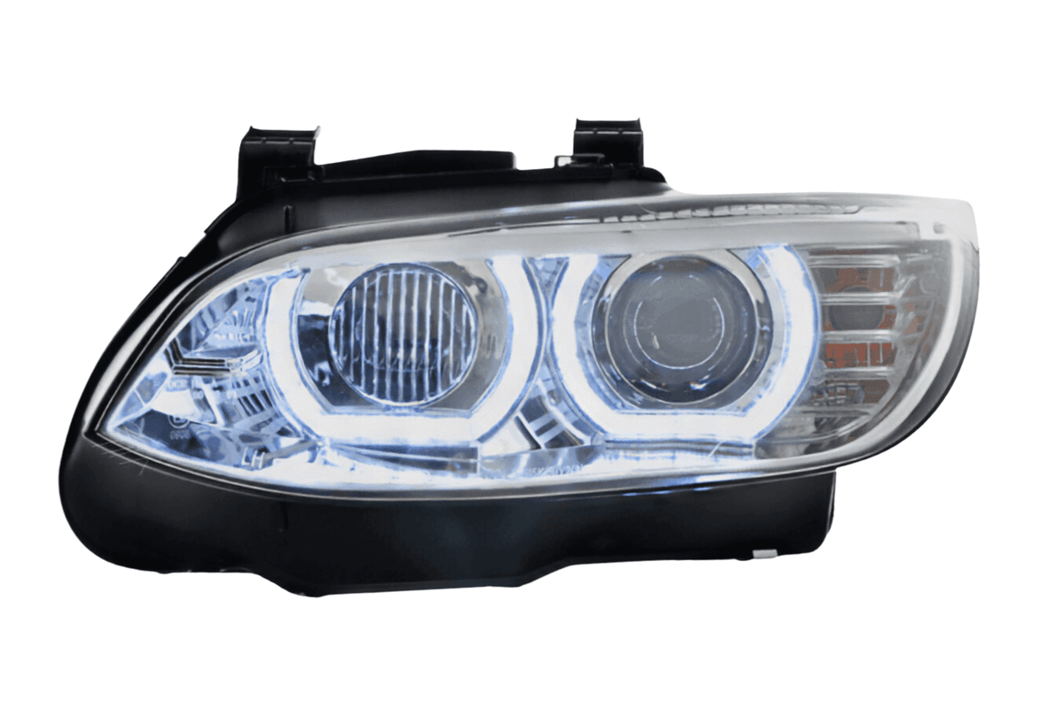 BMW 3-series E92/E93 chrome LED headlights upgrade for non-AFS models, featuring sleek design and bright illumination by K2 Industries.