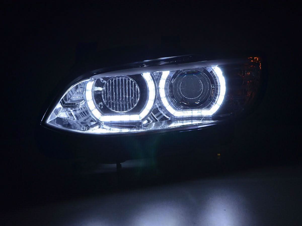 BMW 3-series E92/E93 chrome LED headlights upgrade by K2 Industries for non-AFS models, view of the headlights installed on the car.