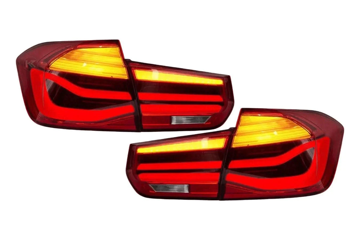 BMW 3-Series F30 F35 F80 6th gen LCI style LED tail lights upgrade by K2 Industries, featuring sleek red and clear lens design.