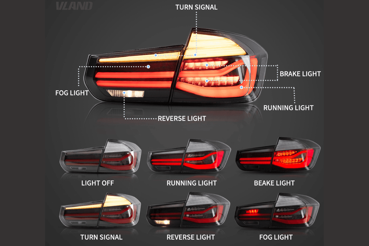 BMW 3-Series F30 F35 F80 6th Gen LCI style LED tail lights upgrade by K2 Industries, showing sleek, modern design on the rear of the car