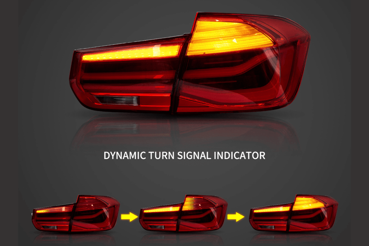 BMW 3-Series F30 F35 F80 6th Gen LCI style LED tail lights upgrade by K2 Industries, showing sleek red and clear lens design.