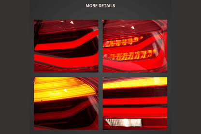 BMW 3-Series F30 F35 F80 6th Gen LED tail lights upgrade by K2 Industries, showing rear view of sleek, illuminated tail light design.