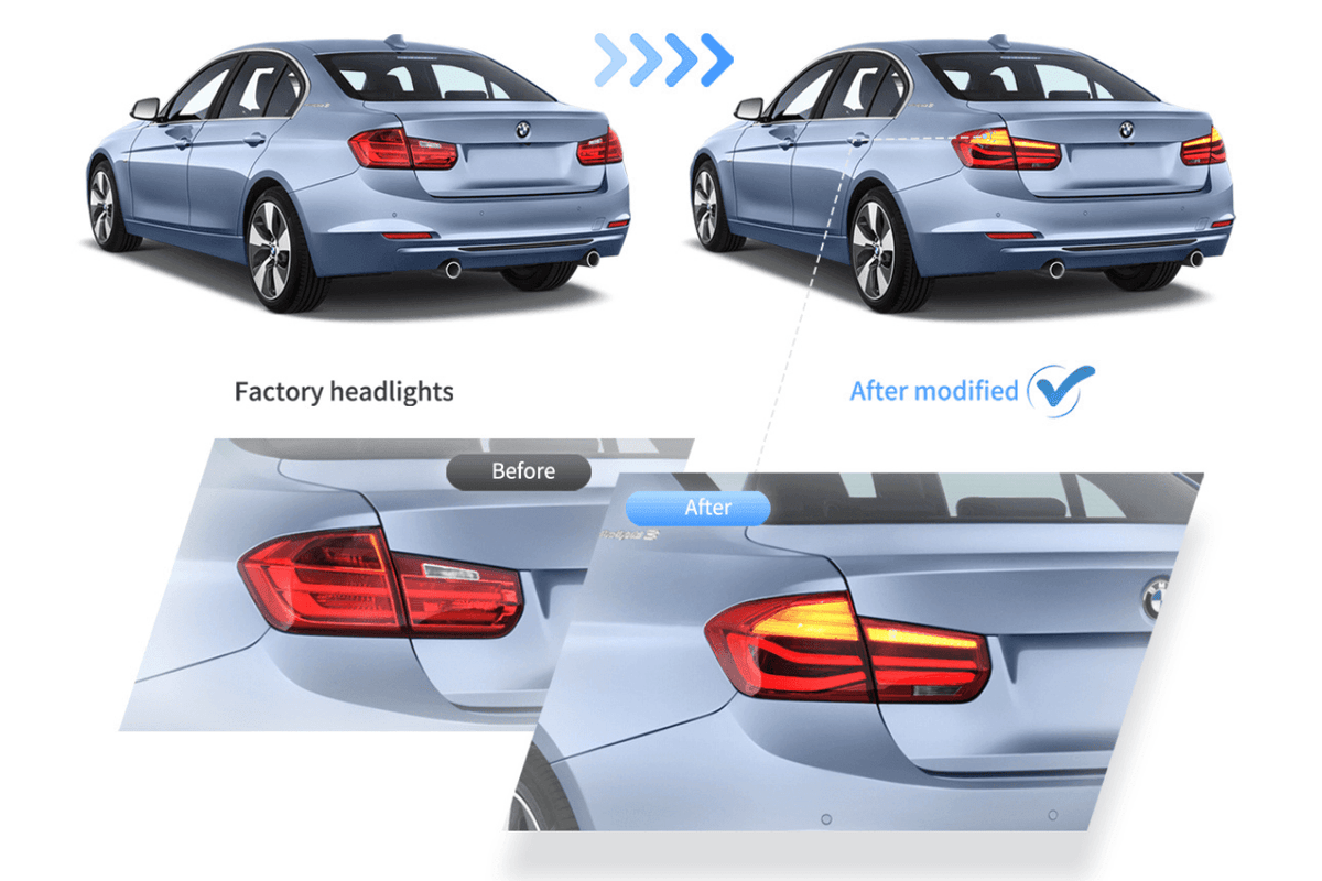 BMW 3-Series F30 F35 F80 6th Gen LCI style LED tail lights upgrade by K2 Industries, showing sleek red and clear lens design.