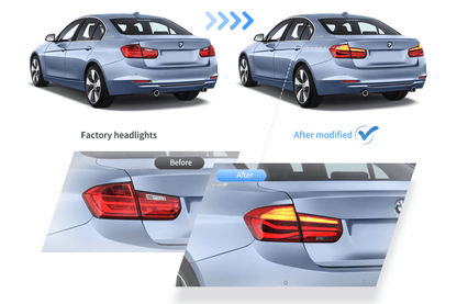 BMW 3-Series F30 F35 F80 6th Gen LCI style LED tail lights upgrade by K2 Industries, showing sleek red and clear lens design.