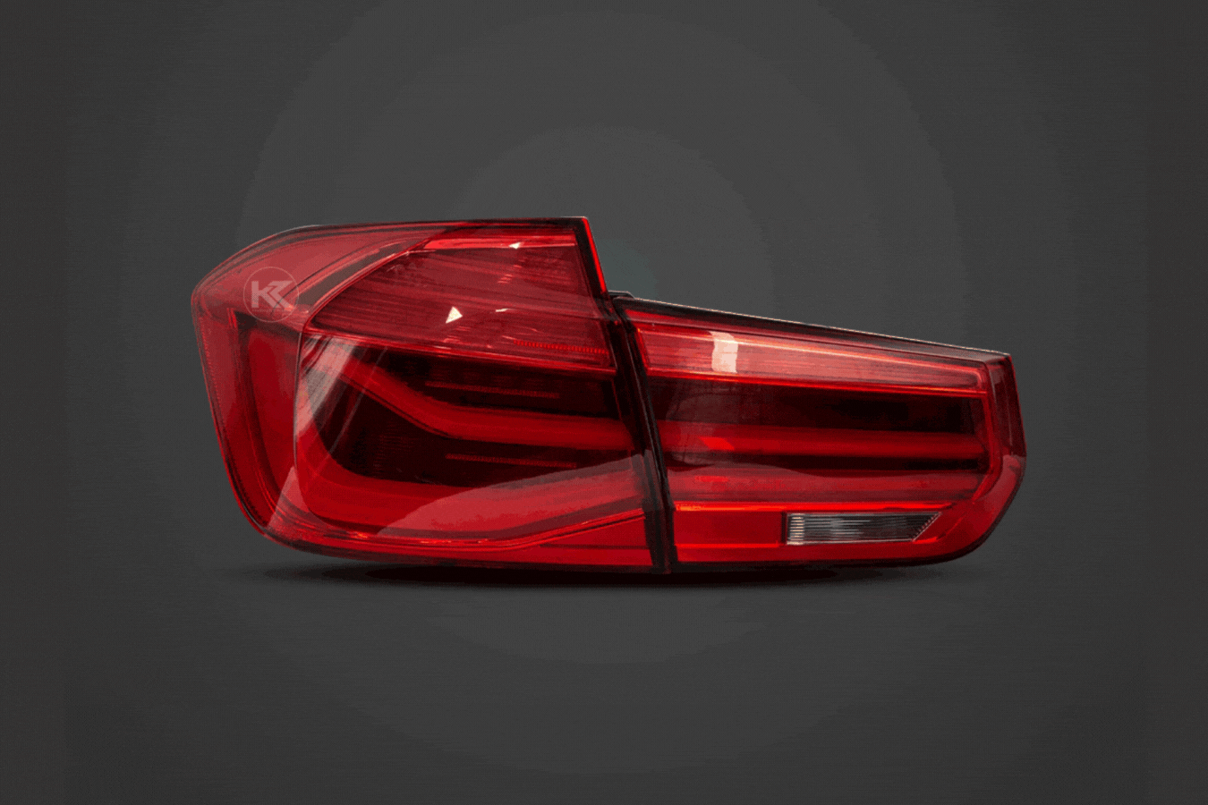 BMW 3-Series F30 F35 F80 LCI style LED tail lights upgrade by K2 Industries, 2012-2019, showing sleek red and clear lens design.