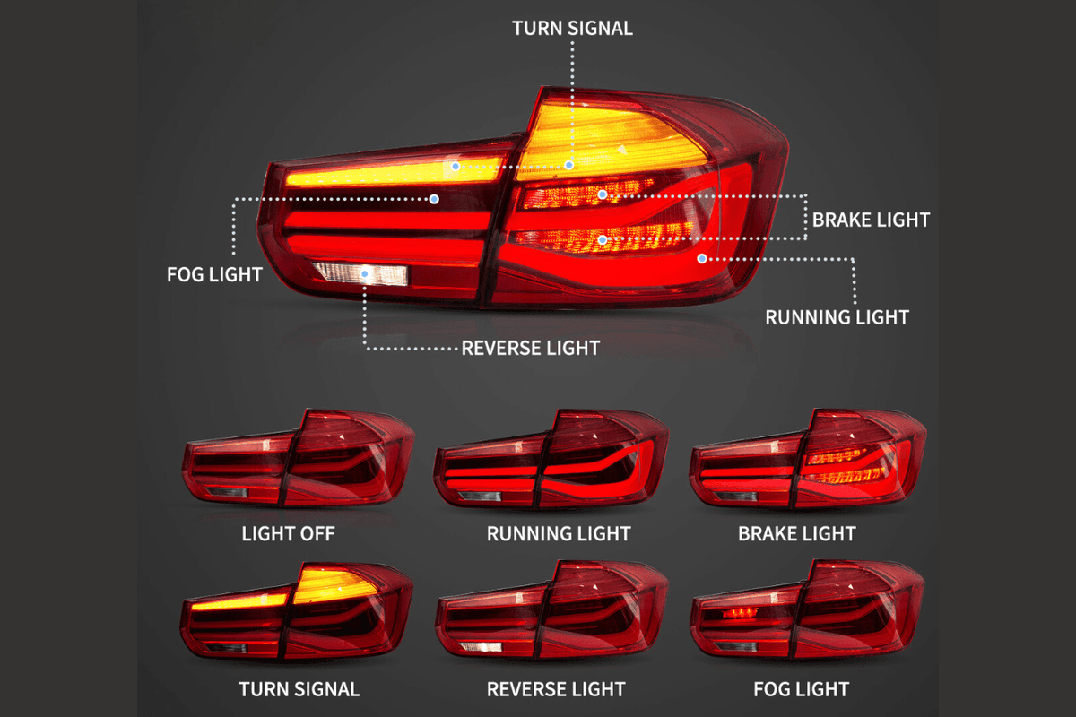 BMW 3-Series F30 F35 F80 LED tail lights upgrade by K2 Industries, showing sleek, modern tail light design for 2012-2019 models.