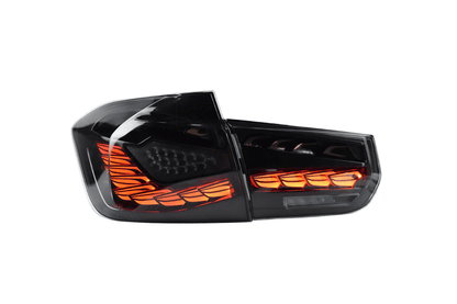 BMW 3 Series F30 F35 F80 Black Dragon Scale LED Tail Lights by K2 Industries, showing sleek black LED tail light design for 2012-2019 models.
