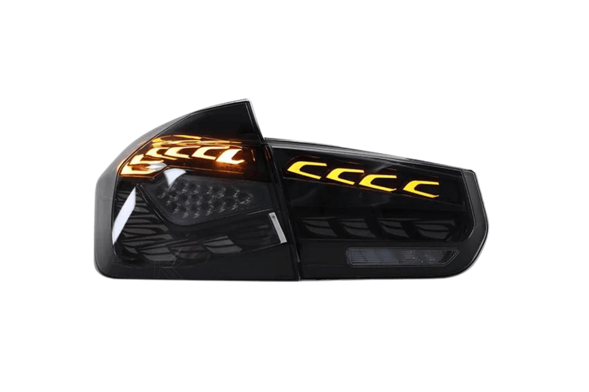 BMW 3 Series F30 F35 F80 black dragon scale LED tail lights by K2 Industries, showing sleek black design with LED detailing for 2012-2019.