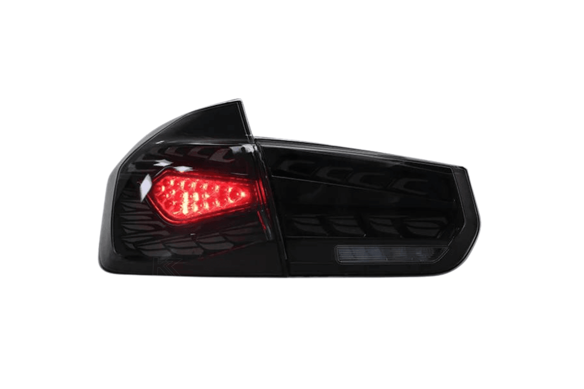 BMW 3 Series F30 F35 F80 Black Dragon Scale LED tail lights by K2 Industries, showing sleek black design and LED detailing.