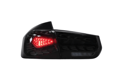 BMW 3 Series F30 F35 F80 Black Dragon Scale LED tail lights by K2 Industries, showing sleek black design and LED detailing.