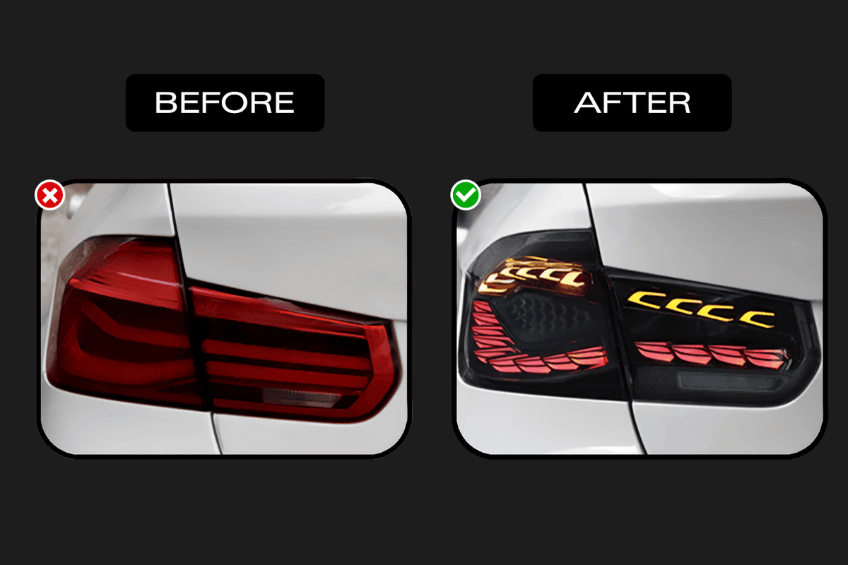 BMW 3 Series F30 F35 F80 black dragon scale LED tail lights, aftermarket car lighting for models 2012-2019 by K2 Industries