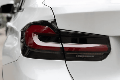 BMW 3 Series F30 F35 F80 LED tail light upgrade with modern black line design by K2 Industries, for 2012-2019 models.