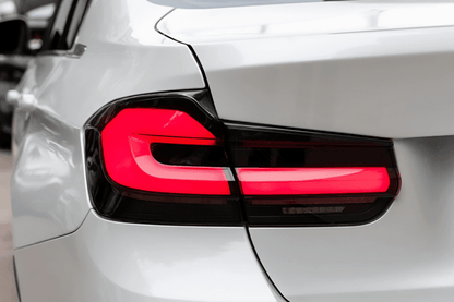 BMW 3 Series F30 F35 F80 LED tail light upgrade by K2 Industries with modern black line design, 2012-2019.