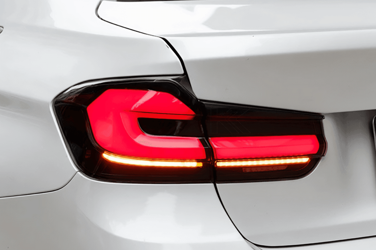 BMW 3 Series F30 F35 F80 LED tail light upgrade by K2 Industries with modern black line design for 2012-2019 models.