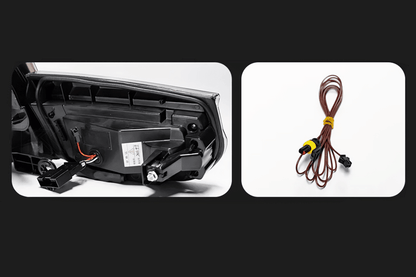 BMW 3 Series F30 F35 F80 LED tail light upgrade in modern black line design by K2 Industries, fits 2012-2019 models.
