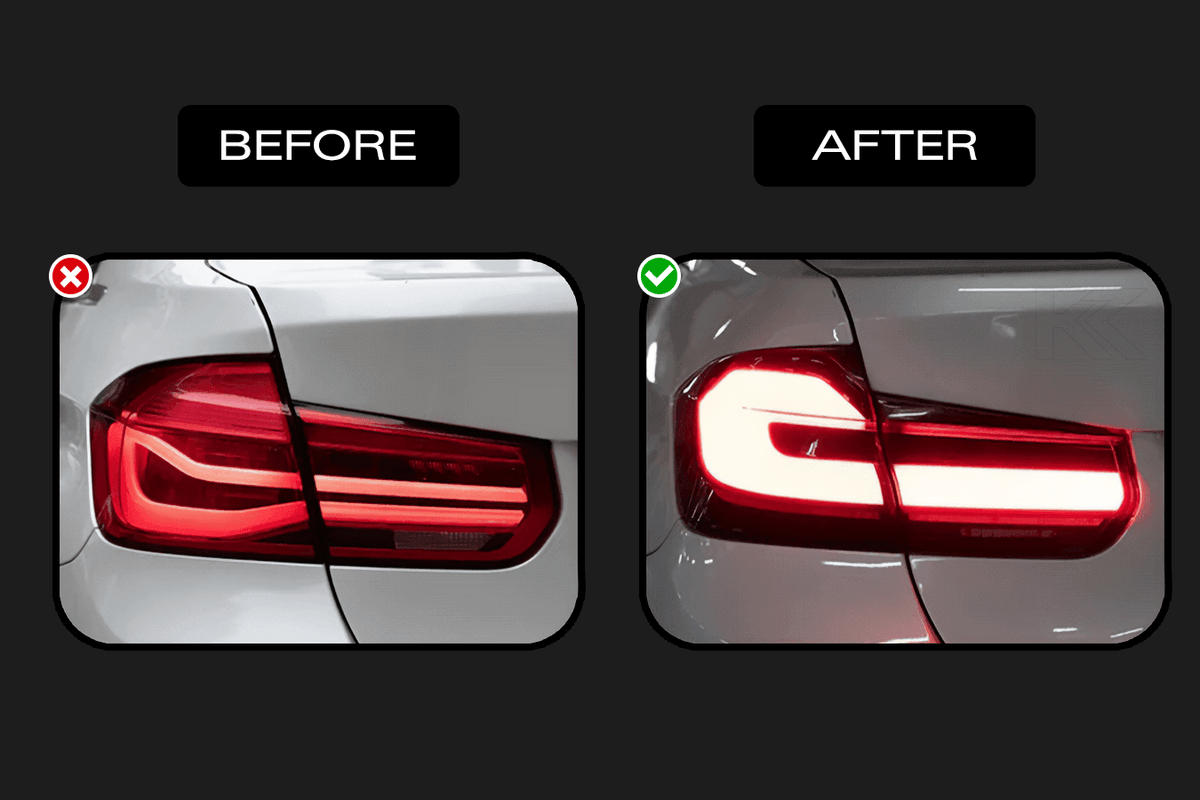BMW 3 Series F30 F35 F80 LED tail light upgrade with modern black line design by K2 Industries, compatible with 2012-2019 models.