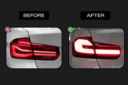 BMW 3 Series F30 F35 F80 LED tail light upgrade with modern black line design by K2 Industries, compatible with 2012-2019 models.