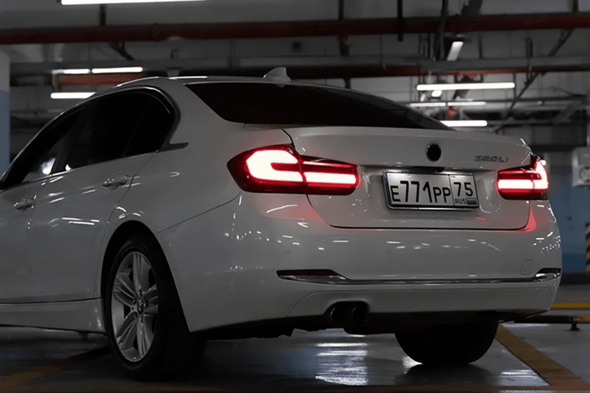BMW 3 Series F30 F35 F80 LED tail light upgrade by K2 Industries featuring modern black line design for 2012-2019 models.