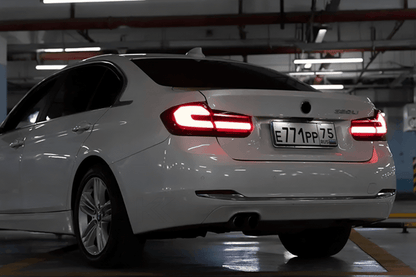 BMW 3 Series F30 F35 F80 LED tail light upgrade by K2 Industries featuring modern black line design for 2012-2019 models.