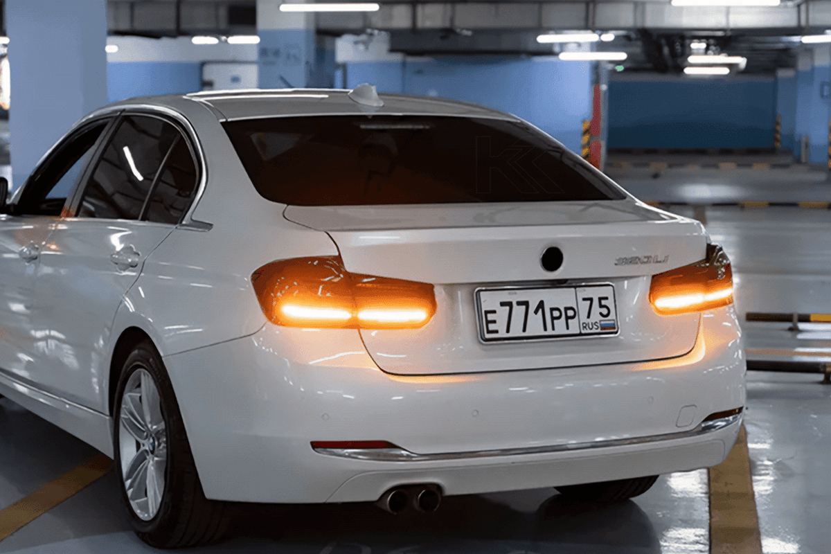 BMW 3 Series F30 F35 F80 LED tail light upgrade by K2 Industries featuring modern black line design, for 2012-2019 models.