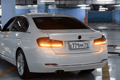 BMW 3 Series F30 F35 F80 LED tail light upgrade by K2 Industries featuring modern black line design, for 2012-2019 models.