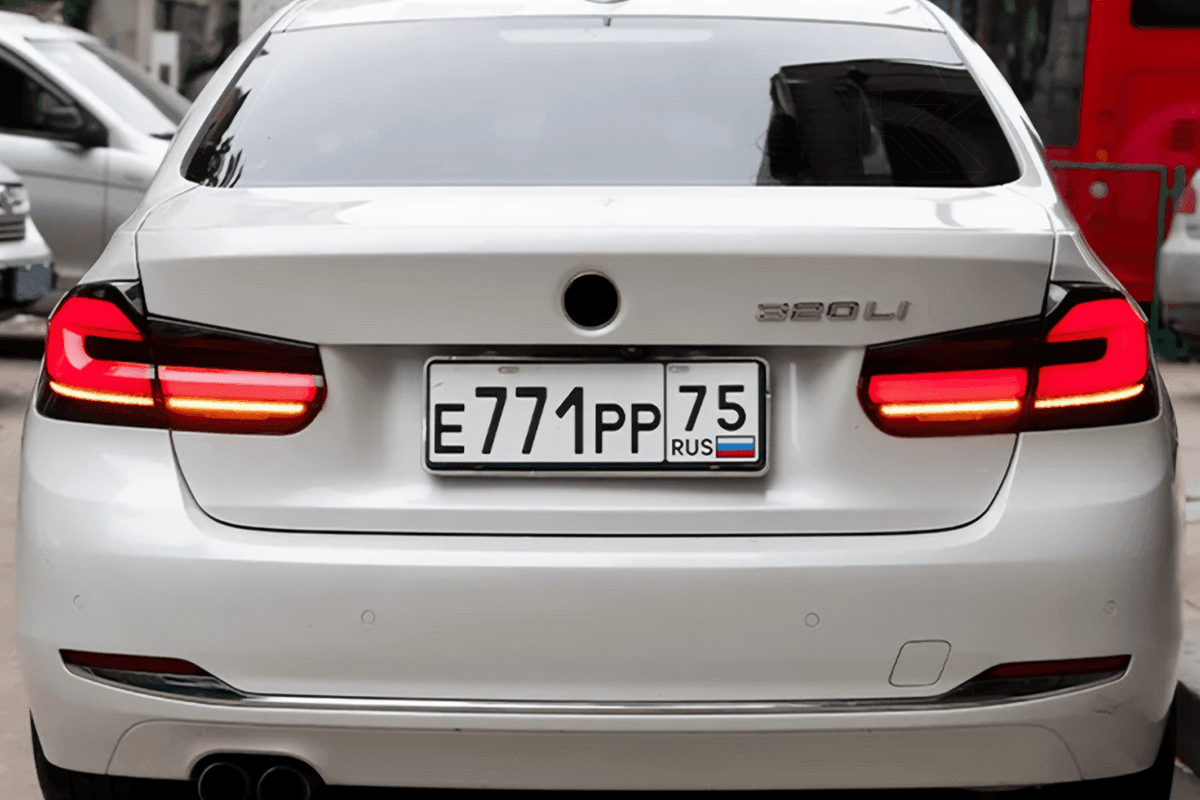 BMW 3 Series F30 F35 F80 LED tail light upgrade by K2 Industries featuring modern black line design, for 2012-2019 models.